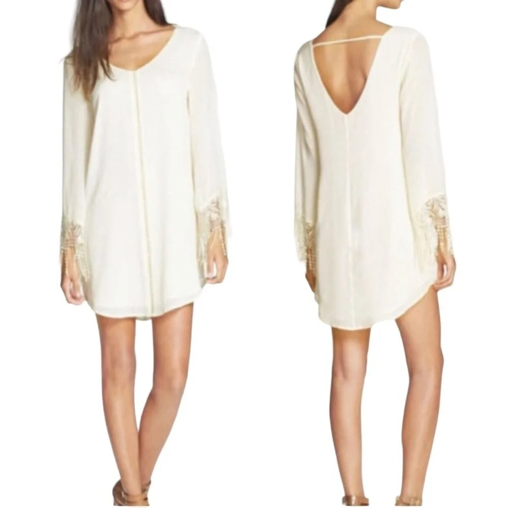 ASTR Cream Shift Dress Embroidered Lace Fringe Boho Tunic bridal honeymoon